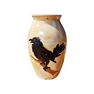 Vintage Handcrafted Cream Ceramic Vase with Black Raven Motif